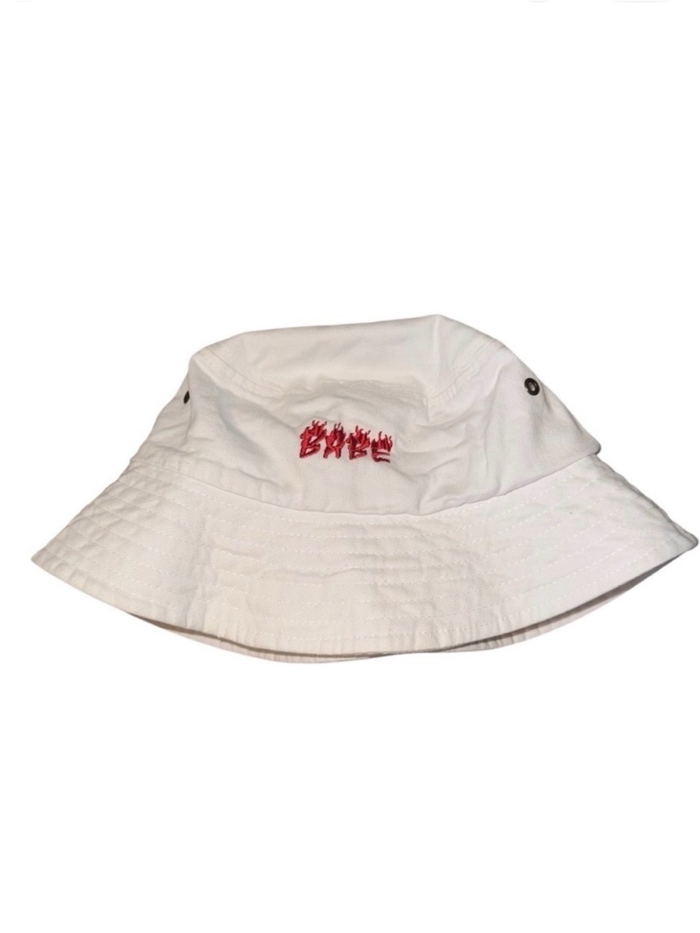 White Bucket Hat with Red Babe Embroidery